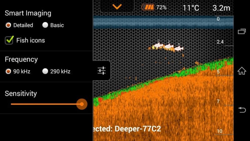 Aplikace sonar na ryby Deeper Pro+ a její uživatelské jméno rozhraní na mobilu android